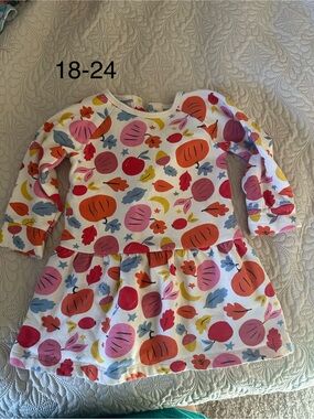 Mini Boden White Long Sleeve Dress with Pink, Orange & Blue Fall Print